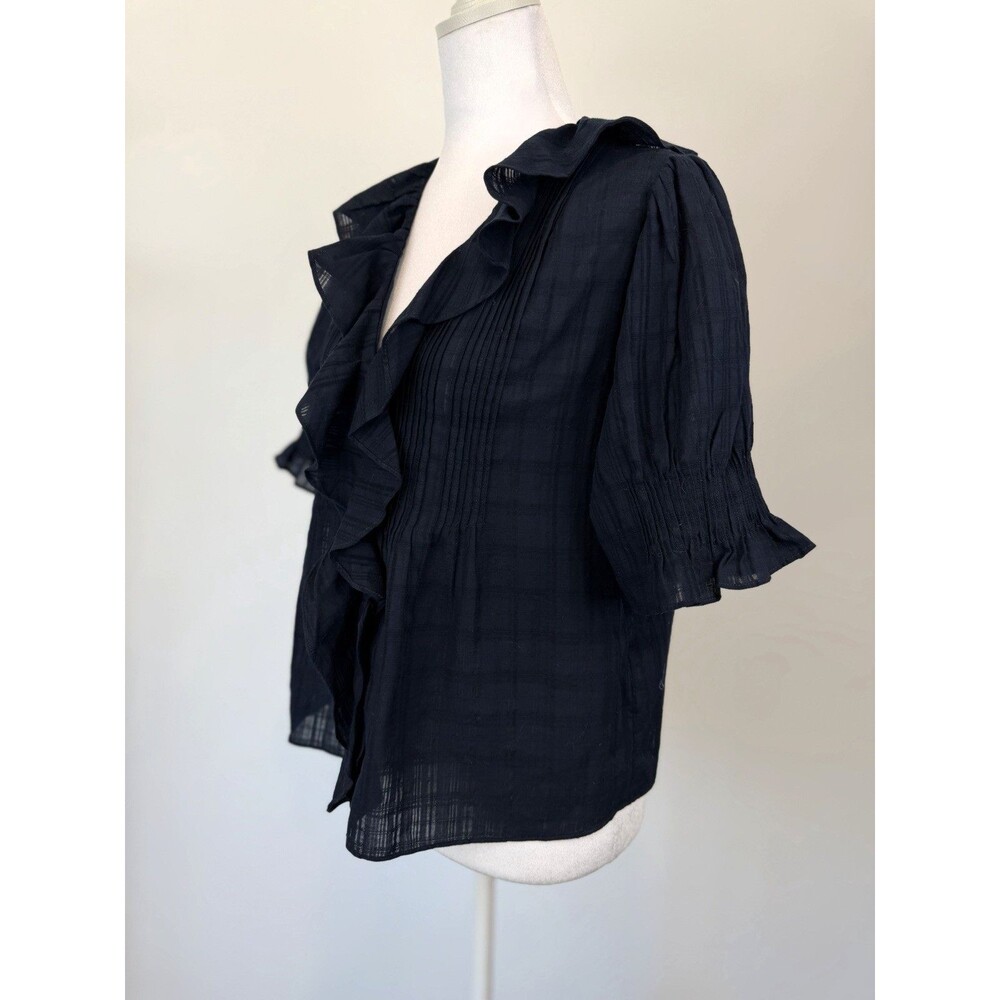Madewell XXS Black Ruffle Blouse Cotton Plaid Textured Puff Sleeve Romantic Top - Picture 4 of 8